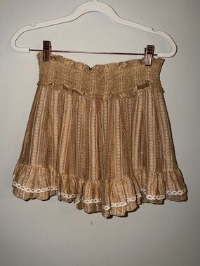Luminary Fine Collection Boho Smocked Mini Skirt Size Small Tan Gold Ruffle